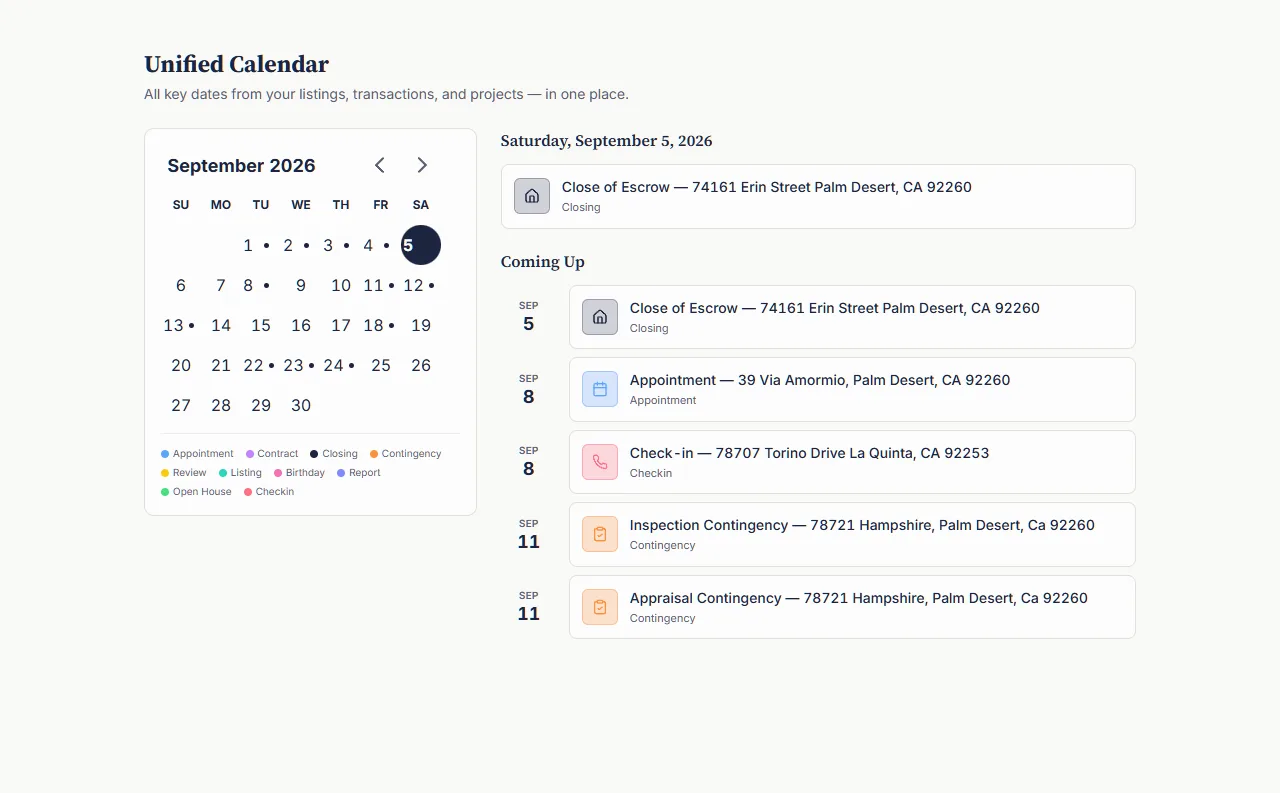 Unified calendar and alerts rail bringing appointments, contingency due dates, and follow-ups into one proactive view