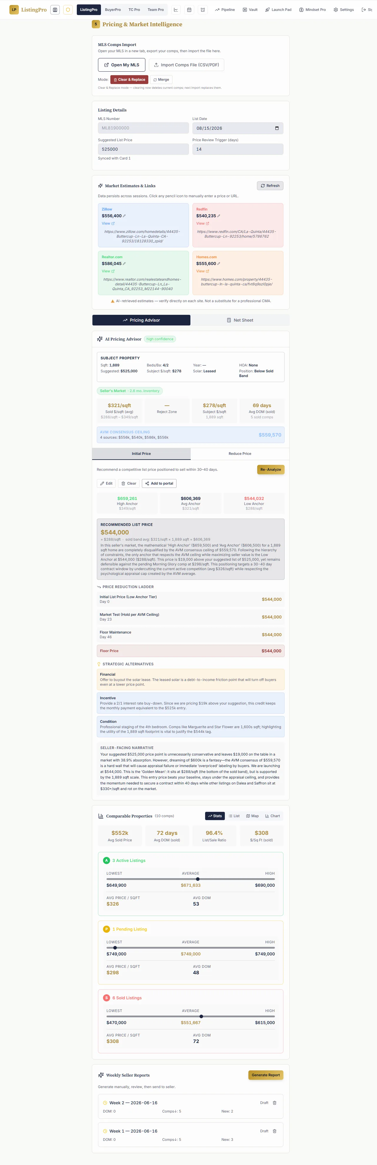 Comparative market analysis with comps, pricing recommendation, AVM, and seller net sheet for a listing
