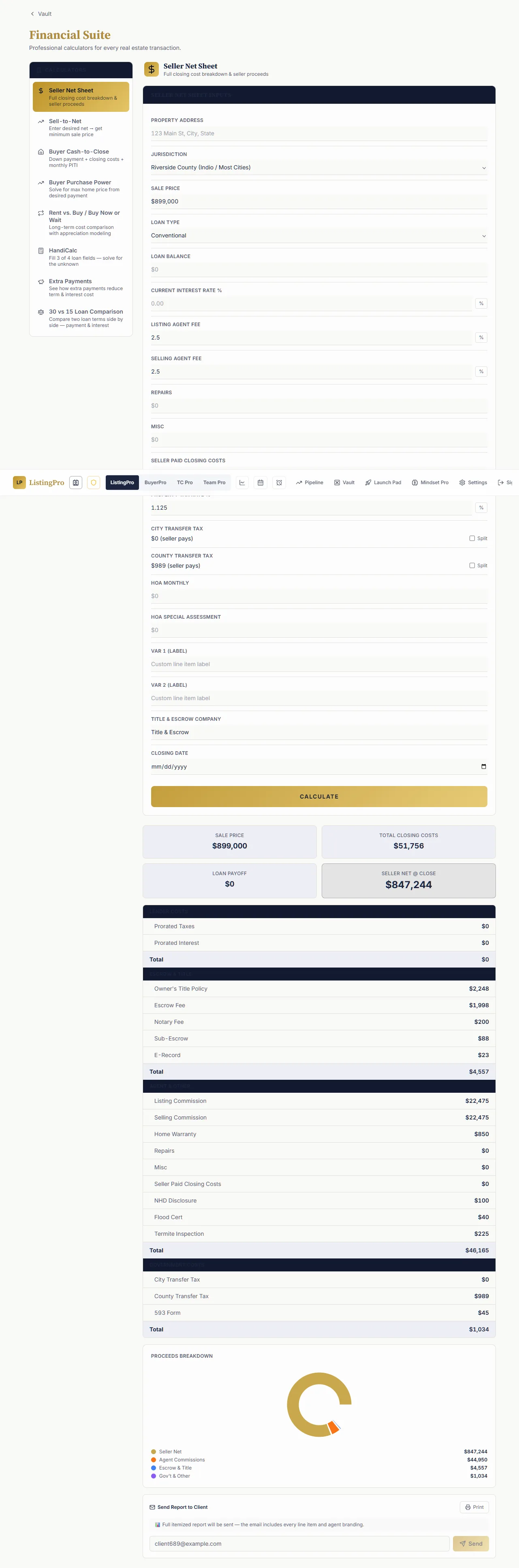 Financial Suite net-sheet and buyer calculators with a completed result panel