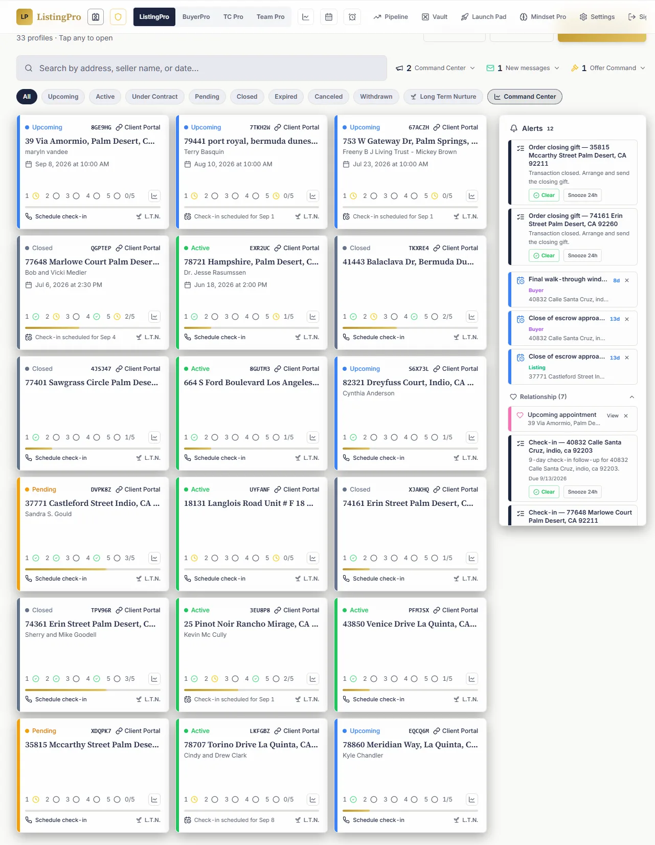 Client dashboard with search, client cards, relationship stages, and alerts