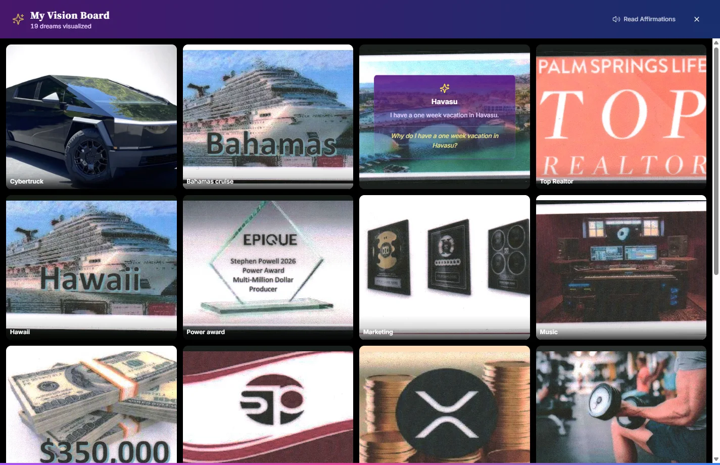 MindsetPro vision board with desire cards and a vision visualization for the year's goals