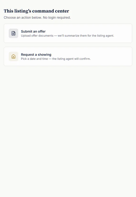 Public offer-command hub where buyer agents submit offers and request showings for a listing