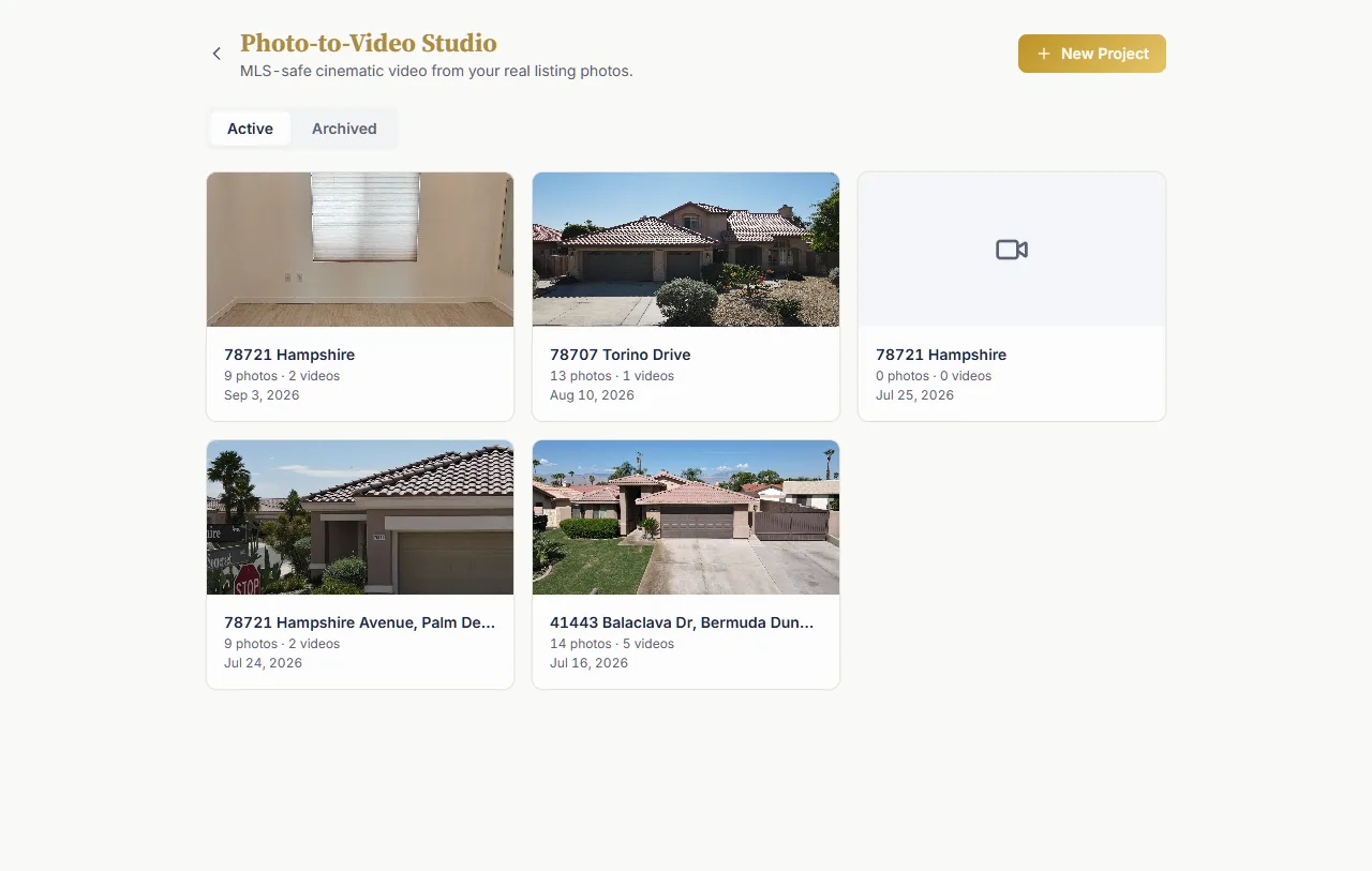 Photo-to-Video Studio project library showing listing photos and video counts