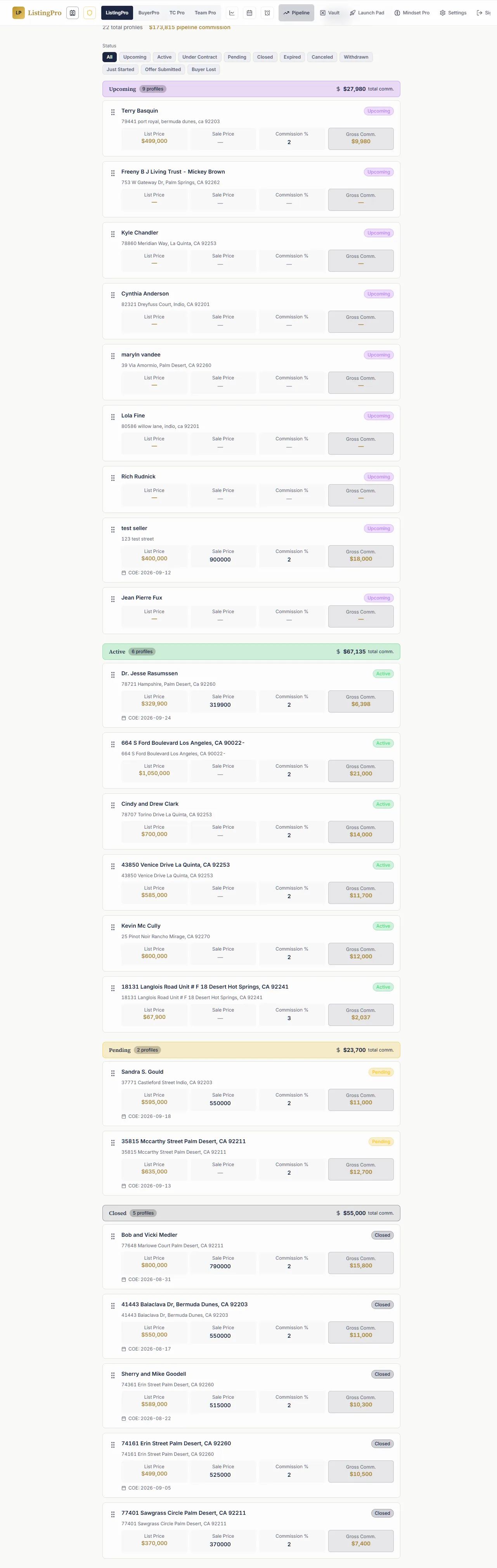Pipeline tracker showing every client across upcoming, active, under-contract, and closed stages in one view