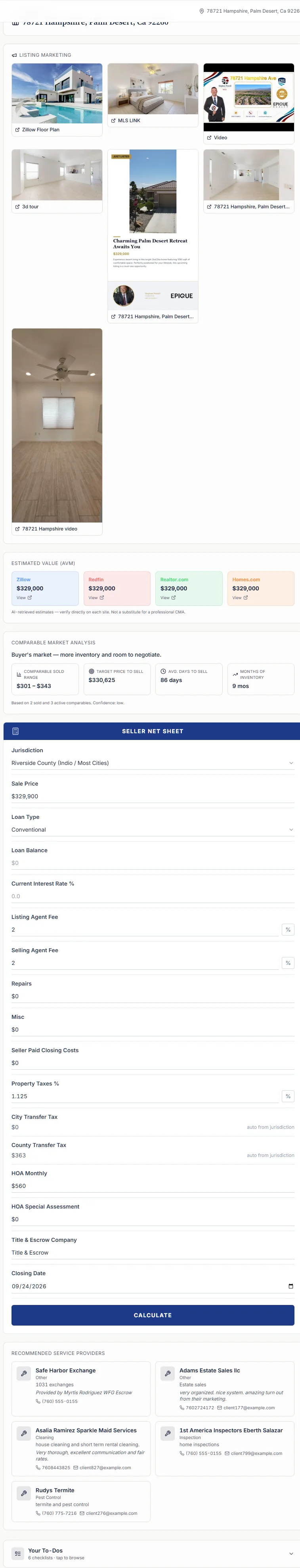 Active-listing client portal showing listing activity, marketing log, pricing summary, and weekly updates with no login
