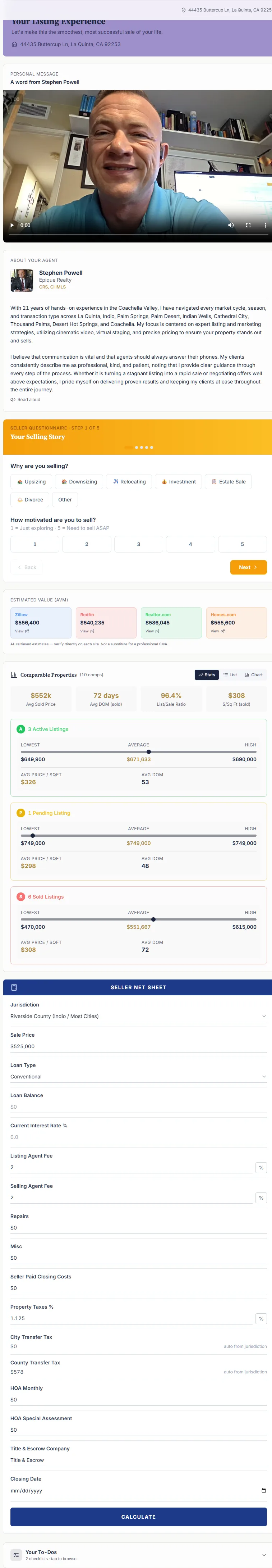 Client portal before the listing is active — welcome message, to-dos, and preparation steps with no login required