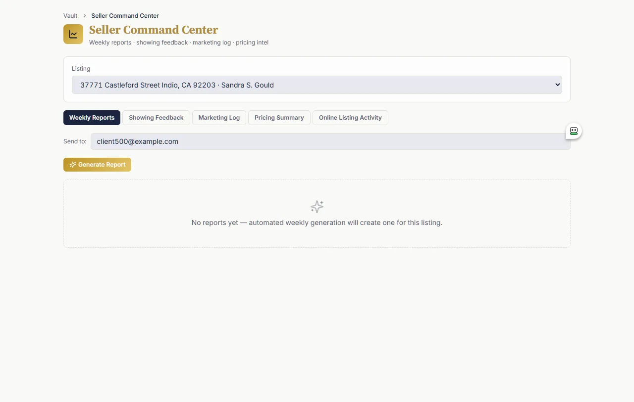 Seller Command Center with report generation and tabs for feedback, marketing, pricing, and listing activity