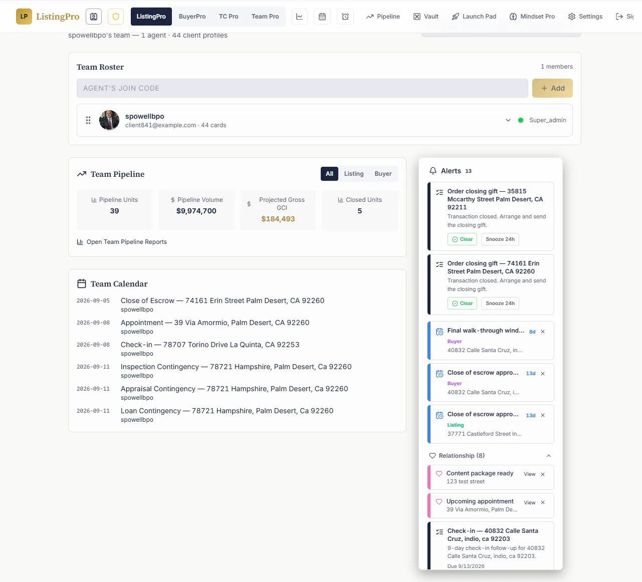 Team Pro showing the team pipeline, roster, calendar, and alerts for a team leader