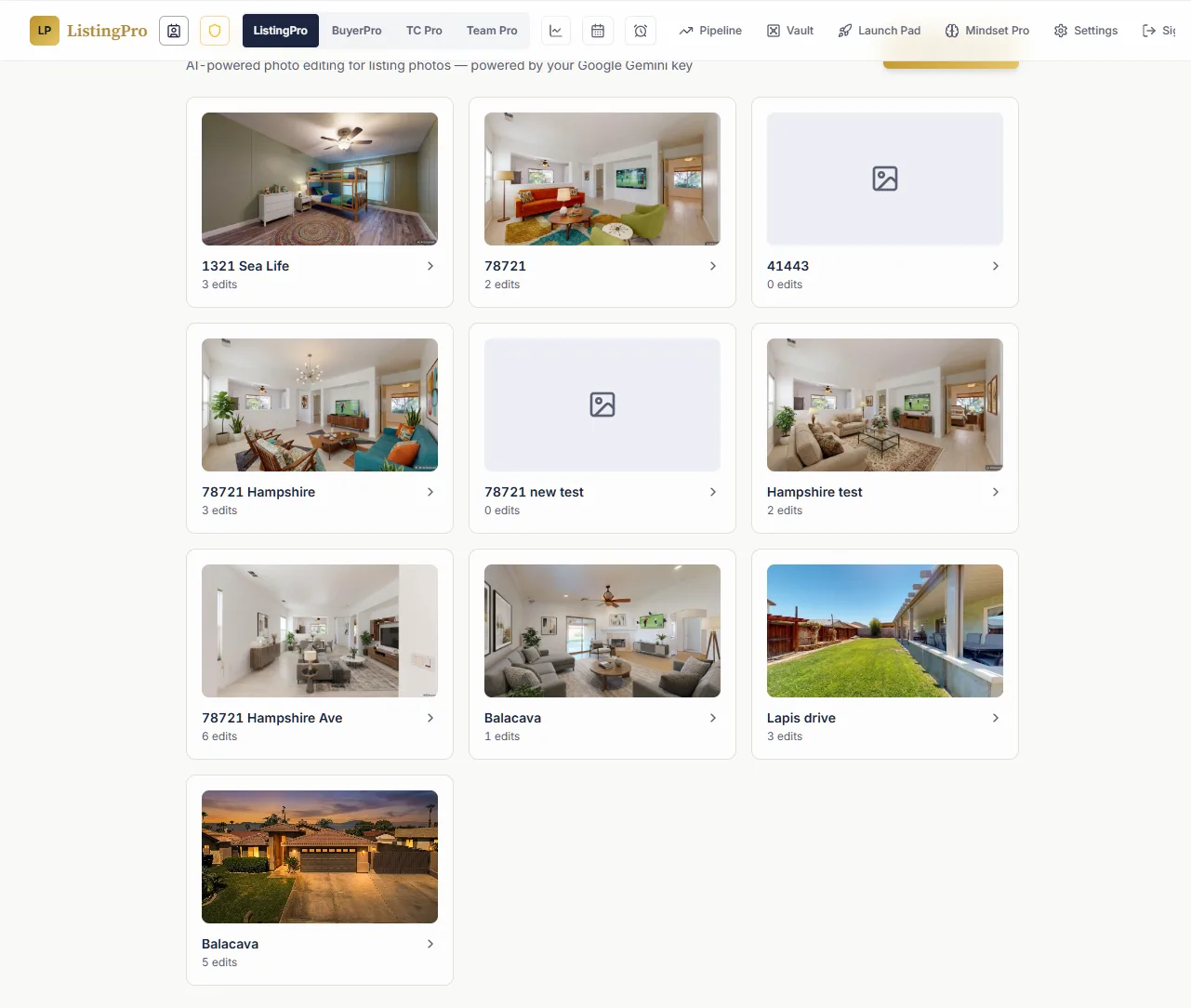 Virtual Staging project library with room images and edit counts