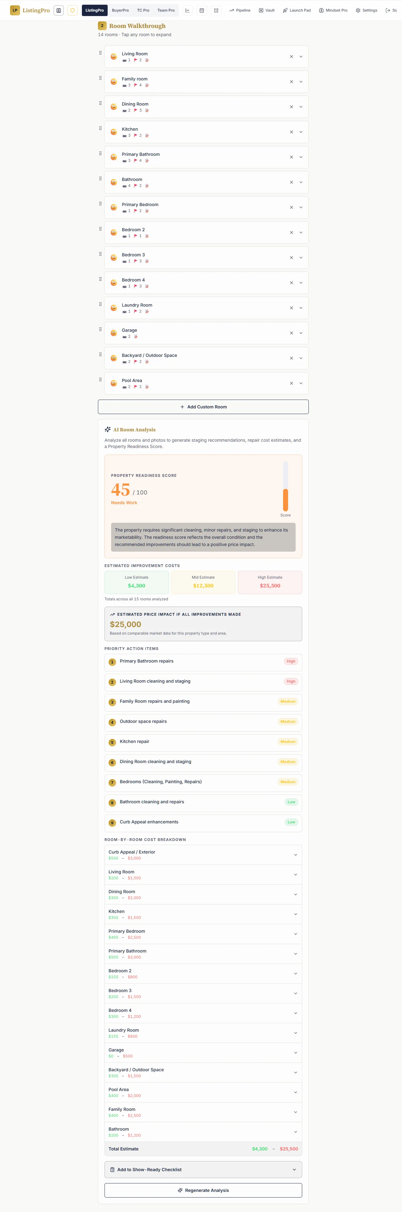 Room-by-room walkthrough capturing condition, photos, and AI staging recommendations for a listing